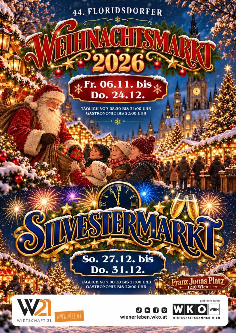 Plakat zum 44. Floridsdorfer Weihnachtsmarkt und Silvestermarkt 2026